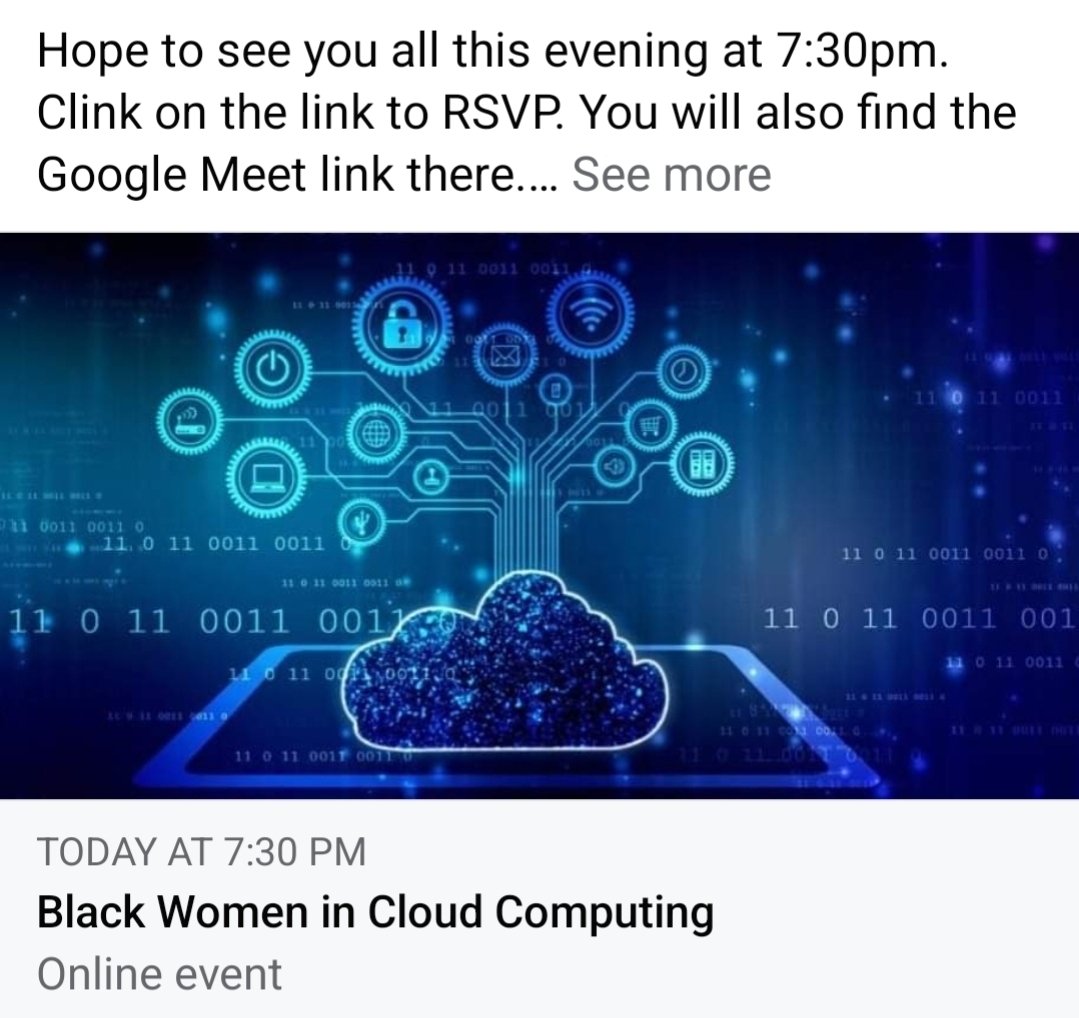 blackwomencloud's tweet photo. Join us this evening at 7:30pm for a Q&amp;A. You can find more information on our Facebook page or by sending us a direct message on Twitter.
#blackwomenincloudcomputing #blackwomenincloud #blackintech #blacktechtwitter #cloudcomputing #cloudcareer #aws #azure #gcpcloud #womenintech https://t.co/wkMrmoMFsh