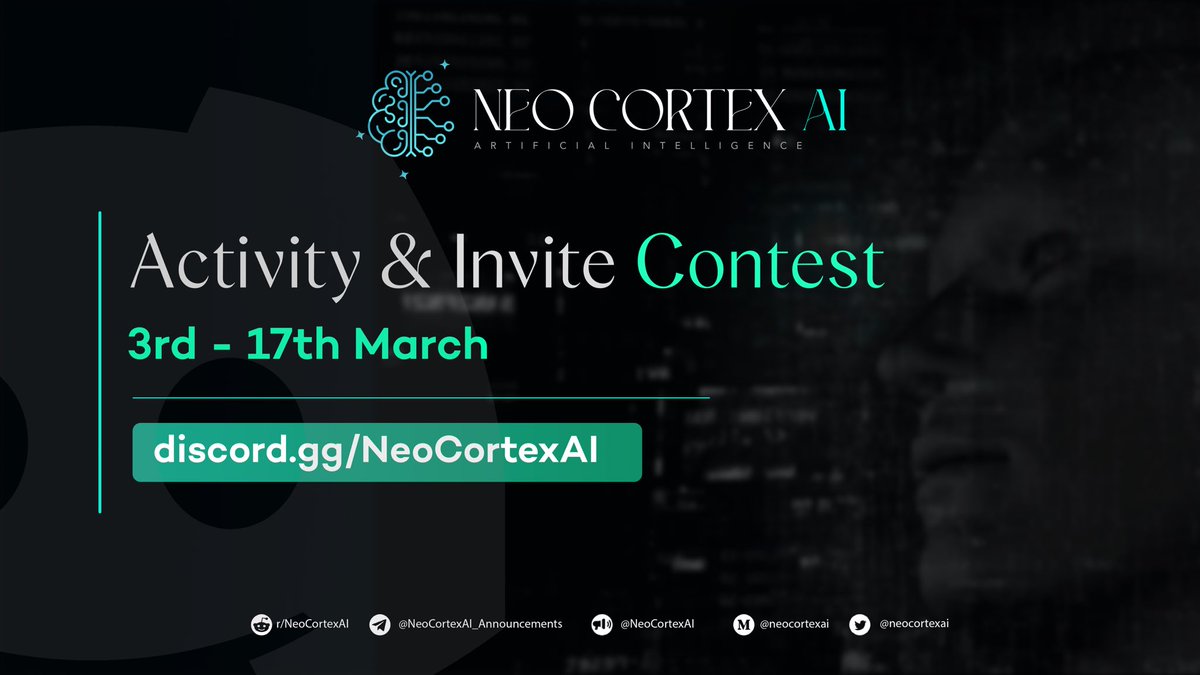 NeoCortexAI's tweet photo. 📢 Join the Discord Fun and Win Exclusive pNFT Whitelist Spots! 🔥

Take part in our activity and invite contest on Discord and win a chance to secure a coveted pNFT whitelist spot💯

Don't miss out on this incredible opportunity‼️
Start your grind now💪

#AI #NFT https://t.co/2ADavJOXRg