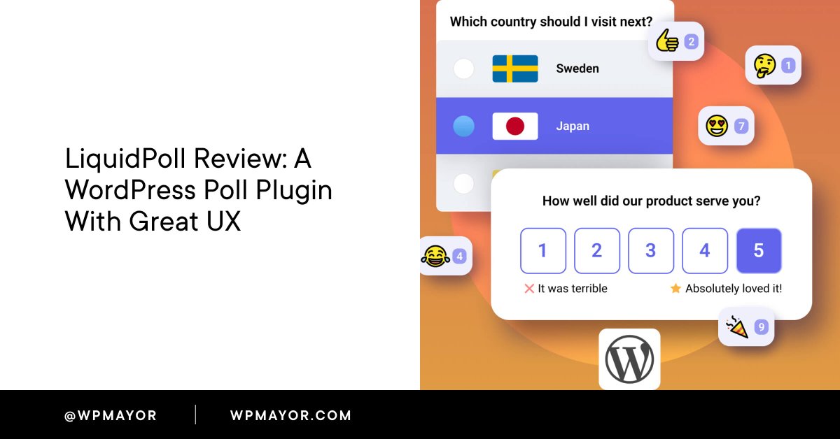 wpmayor's tweet photo. LiquidPoll is a WordPress poll plugin that creates a great frontend UX. Ask single-question polls, NPS, reviews, reactions, and more. Learn more in our hands-on LiquidPoll review.
https://t.co/J0qaL7YNL0 
#LiquidPoll #PollPlugins #WordPressPoll https://t.co/jsJ4NmF6J4