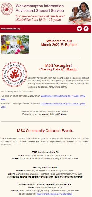 The March E-Bulletin from <a href="/wolvesIASS/">Wolverhampton IASS</a> is out now. All the latest SEND announcements, training and more for children and young people in Wolverhampton. content.govdelivery.com/accounts/UKWCC…