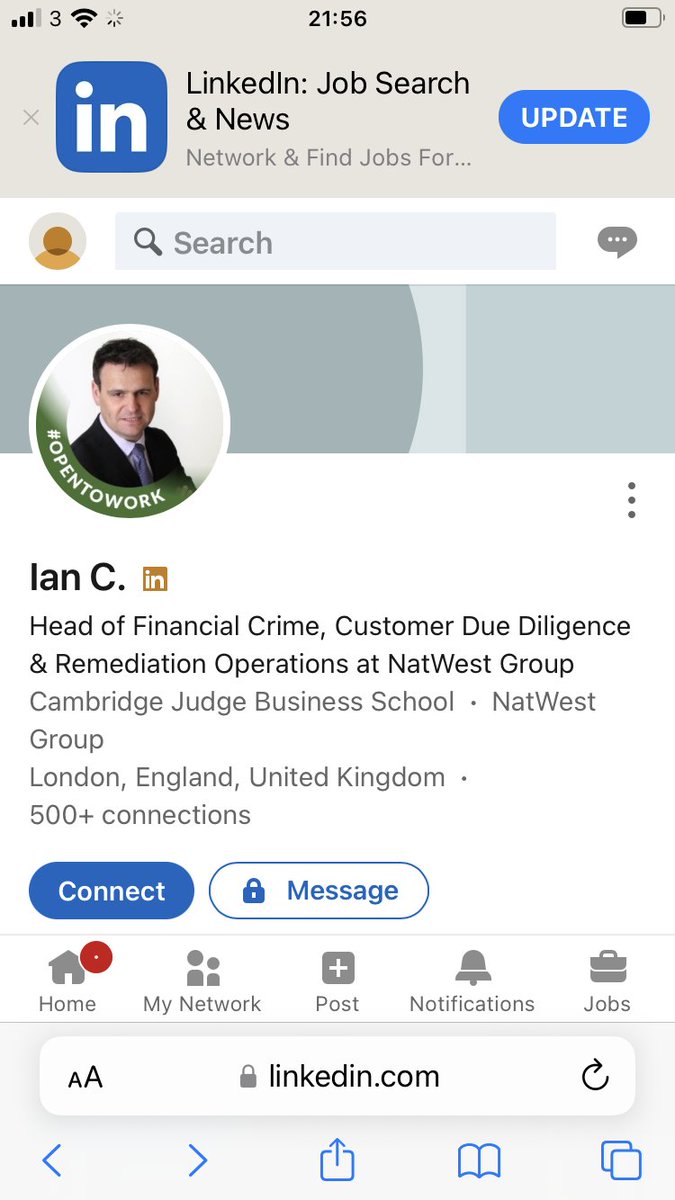 This is Ian Carter, RBS' corrupt &amp; useless former head of remediation.

Ian seems to have a bit of time on his hands since his unceremonious sacking over a year ago. He is listed as 'open to work'.

Ian doesn't seem to have too many takers. Fancy that!

#whatatwat