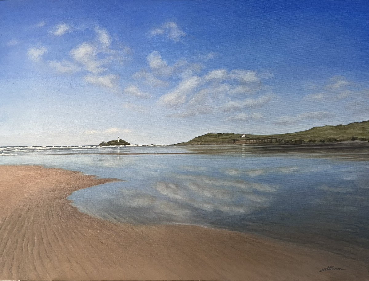 Godrevy light house &amp; beach in Cornwall now finished, signed &amp; waiting for a coat of varnish once fully dried, not the best photo seemed to have caught a few reflections of the paint …
<a href="/MrsVeriTea/">🤗 VeriTea</a> &amp;  <a href="/johncosgrove405/">John Cosgrove</a> 
Hope you like it😊 #cornwall #godrevy #beach #oilpainting