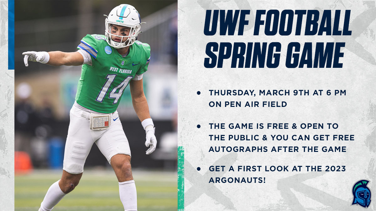 ☑️Free Admission
☑️Free Autographs
☑️First Look at the 2023 UWF Football Team

Our Spring Game is next Thursday, March 9th at 6 pm on Pen Air Field and we hope to see you there!

#GoArgos