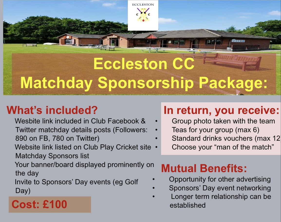 🏏 MATCH-DAY SPONSORSHIP 🏏 
We are looking for local people/ businesses who may wish to sponsor an ECC match-day. Please contact us directly for further details. #ECC