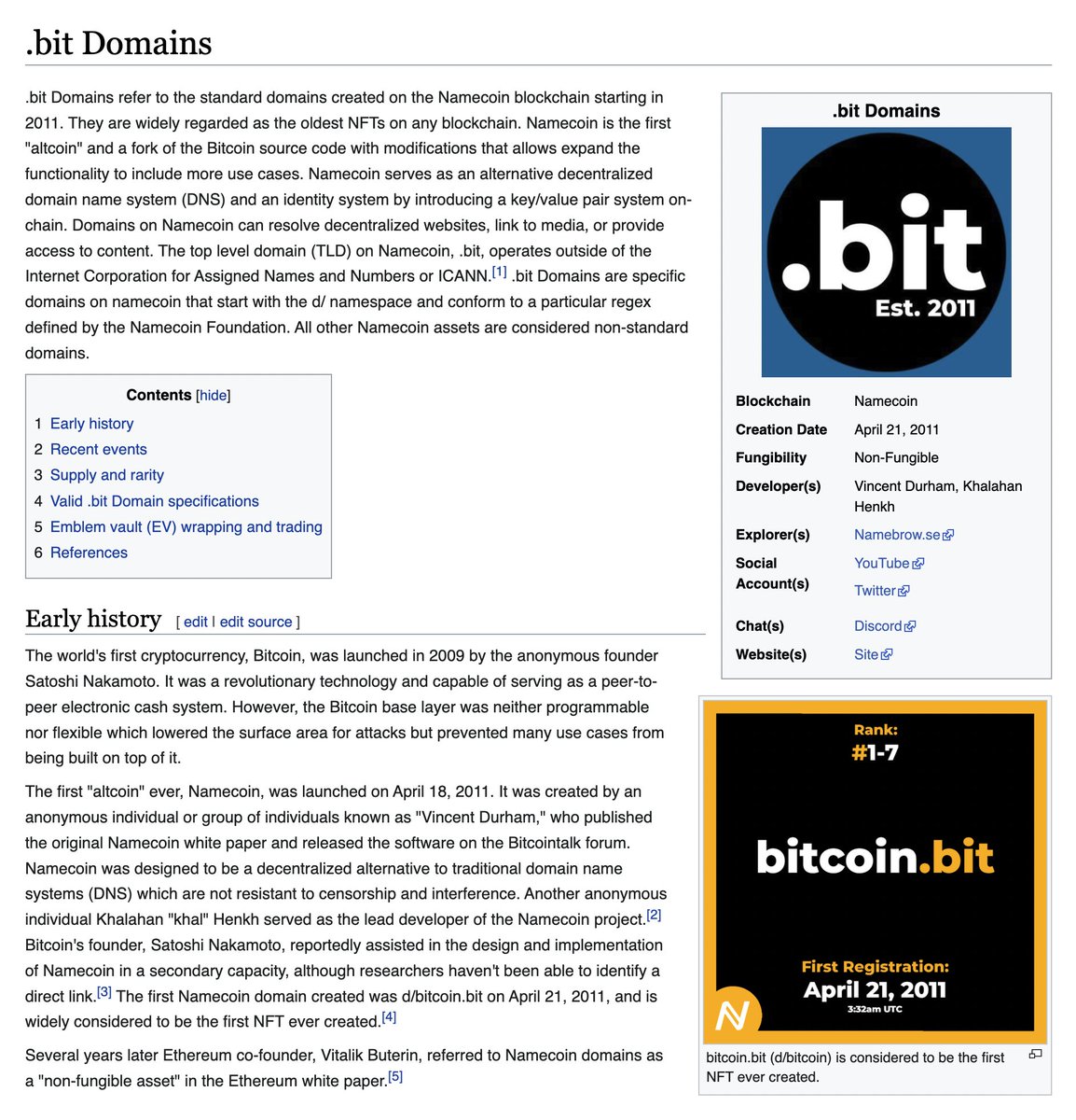 Leonidas 🧡 $DOG (@leonidasnft) on Twitter photo The <a href="/bitDomains2011/">.bit Domains</a> on Namecoin now have their own wiki page on <a href="/nfthistorywiki/">NFT History</a>!
Big shoutout to <a href="/taha_crypto1/">Taha Zafar</a> and <a href="/CryptoCompass2/">Lizo</a> for their hard work documenting it!
👉 nfthistory.org/wiki/.bit_Doma… The <a href="/bitDomains2011/">.bit Domains</a> on Namecoin now have their own wiki page on <a href="/nfthistorywiki/">NFT History</a>!
Big shoutout to <a href="/taha_crypto1/">Taha Zafar</a> and <a href="/CryptoCompass2/">Lizo</a> for their hard work documenting it!
👉 nfthistory.org/wiki/.bit_Doma…