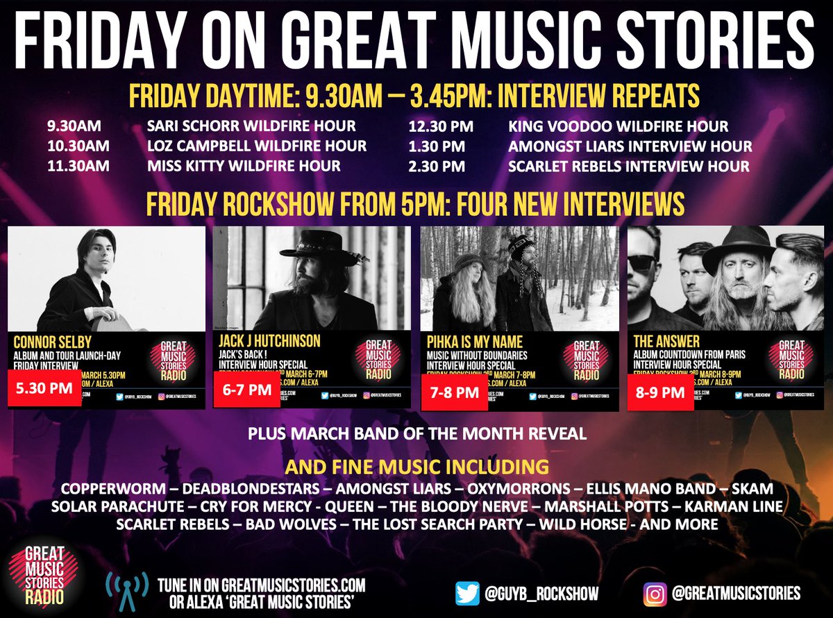 GuyB_rockshow's tweet photo. Friday on Great Music Stories. Daytime repeats & Rockshow from 5pm with @JackJHutchinson @pihkaismyname @theanswerrocks @connor_selby @copperwormUK @amongstliars @DeadBlondeStars @SKAM_UK @allard_gaet @CryForMercy3 @TheBloodyNerve @The_LSP_Rock @karmanlinemusic @wildhorserockuk https://t.co/G04TdJLkza