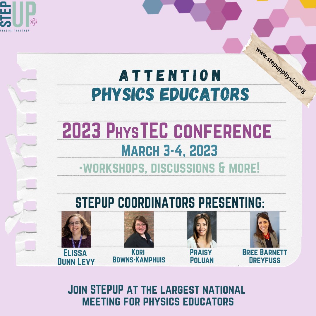 STEPUPphysics's tweet photo. #PhysTEC23 Join us Sat, March 4 from 3-6 PM PST for a workshop on STEP UP lessons & how they can work for undergrad & pre-service audiences https://t.co/GyUyfC7aS1
#iTeachPhysics #PhysTEC #PreserviceTeachers #StemCareers #STEM https://t.co/iX7id5rm5M