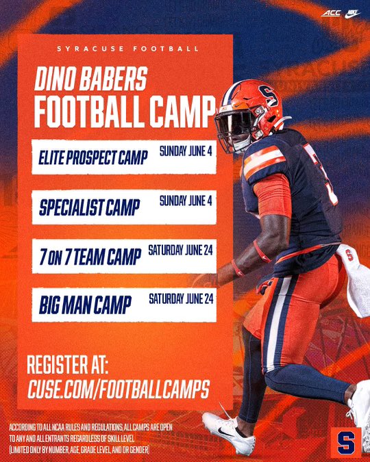CuseFootball's tweet image. See ya in the 3️⃣1️⃣5️⃣ this summer!

Come show us what ya got 🍊

💻 - Cuse.com/footballcamps