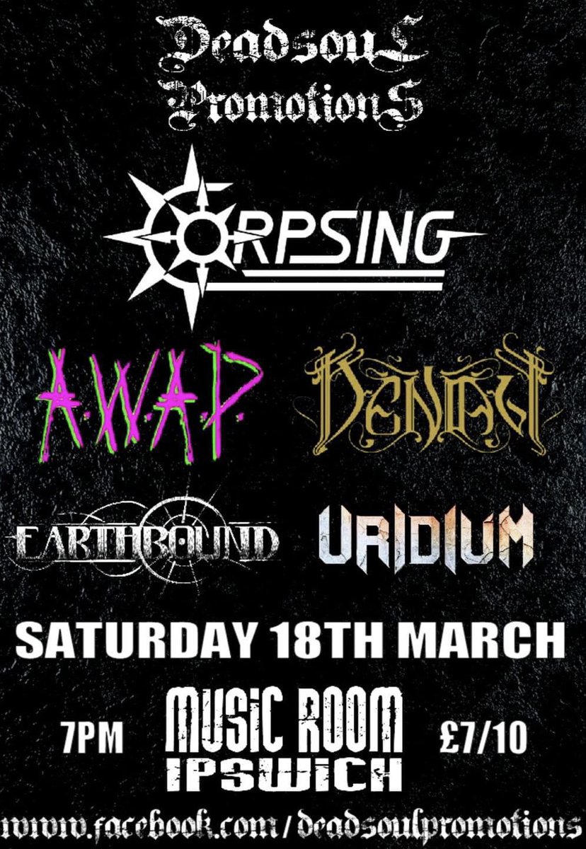 🚨GIG ALERT🚨

We are excited to announce we will be heading to Ipswich for the first time in just over 2 weeks!

A jam packed night headlined by the mighty <a href="/corpsingmetal/">Corpsing Metal</a> as well as featuring #AWAP #Uridium and our very good friends #Denali 

#Earthbound #StayBound