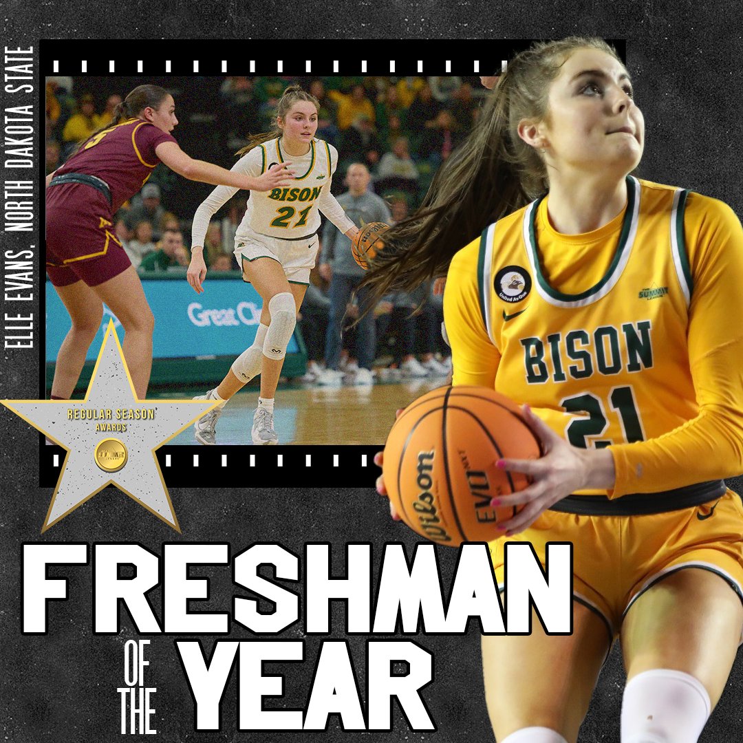 🏀 #SummitWBB Individual Awards 🏀

𝐅𝐫𝐞𝐬𝐡𝐦𝐚𝐧 𝐨𝐟 𝐭𝐡𝐞 𝐘𝐞𝐚𝐫: Elle Evans, <a href="/NDSUwbb/">NDSU Women's Basketball</a>  

#ReachTheSummit x #March2TheSummit