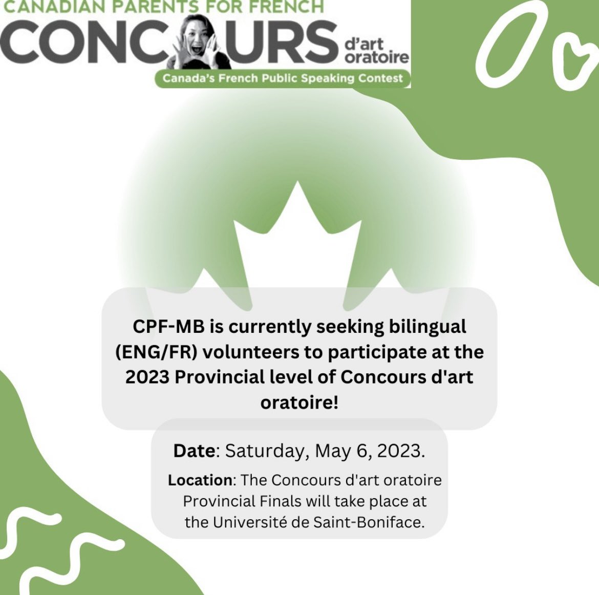 Please fill out our online Concours d’art oratoire Volunteer Registration form and indicate which role(s) that you would prefer in order of preference: 

form.jotform.com/220665369938066