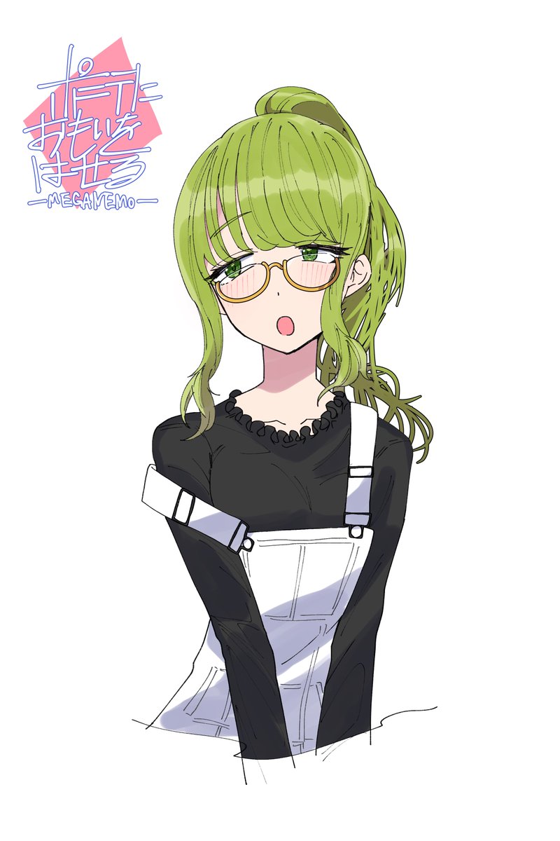 1girl green hair solo glasses green eyes overalls ponytail  illustration images