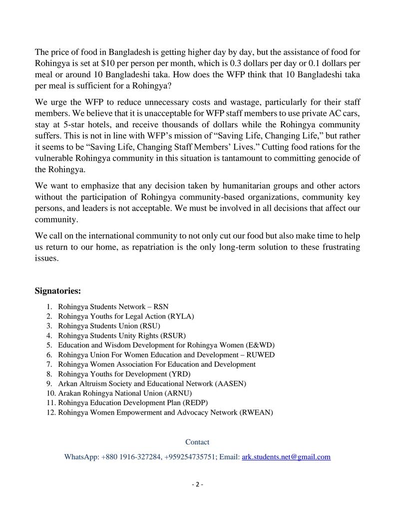 ARSA_ARMY's tweet photo. JOINT STATEMENT of 12 (CBOs)
The assistance of food for Rohingya is set at $10 per person per month, which is 0.3 dollars per day or 0.1 dollars per meal or around 10 Bangladeshi taka. How does @WFP @UN think that 10 Bangladeshi taka per meal is sufficient for a Rohingya? https://t.co/TVzdutkfqn