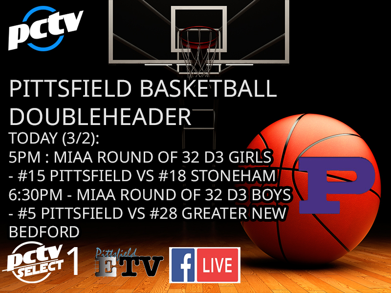 TONIGHT.  <a href="/MIAA033/">MIAA</a> playoffs get underway at Pittsfield High School Girls face <a href="/StonehamAD/">Stoneham Athletics</a> at 5pm, and the Boys will face <a href="/GNBVTathletics/">GNBVT Athletics</a> at 6:30pm.  Watch live on PCTV Select 1 and the PCTV Facebook page