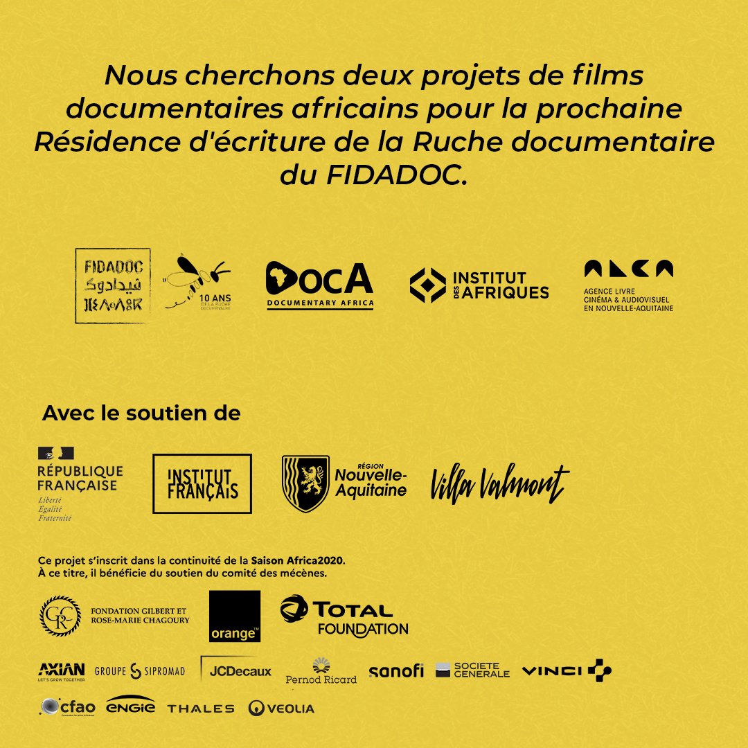 📣𝗔𝗽𝗽𝗲𝗹 𝗮 𝗰𝗮𝗻𝗱𝗶𝗱𝗮𝘁𝘂𝗿𝗲𝘀
L’IdAf, la Ruche documentaire (Agadir), @officialDocA et @ALCA_NAquitaine sont à la recherche de 2 projets de documentaires africains pour la prochaine Résidence d’écriture de la Ruche documentaire du @fidadoc_ma ➜ bit.ly/3SFKzNo