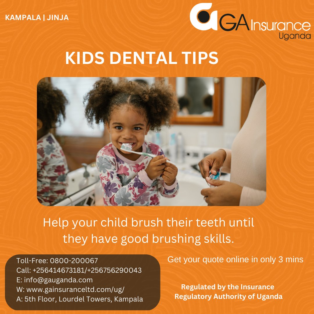 Always supervise kids younger than 8 while brushing, as they're likely to swallow toothpaste.
#GAInsuranceUganda #KidsDentalCare #KidsCare