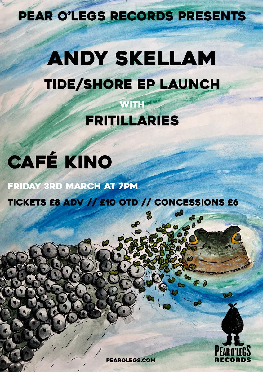 Bristolians! Tomorrow @AndySkellam has his EP launch show at @cafekinobristol with support from @FritillariesM It going to be gorgeous! Grab your tickets at pearolegs.com/events/andy-sk… See you there! #frogspawn #frogs #Watercolour #gigposter #folkmusic #bristolmusicscene