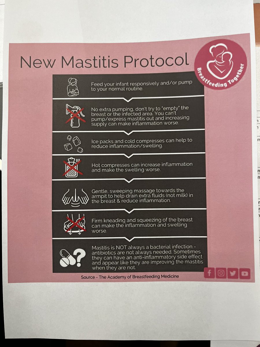DrFarebro's tweet photo. #bfnlambethstudyday2023 

Mastitis. Some changes, see below. 

Gentle massage ✅
Firm kneading     ❌ 
👇👇👇👇👇👇
(Can make increase swelling &amp; inflammation)- in my case huge temp spike &amp; rigor

Any other GPs here today? 🙋🏼‍♀️
Say hi! 

Across all of healthcare #letsworktogether https://t.co/pvN20efUOF