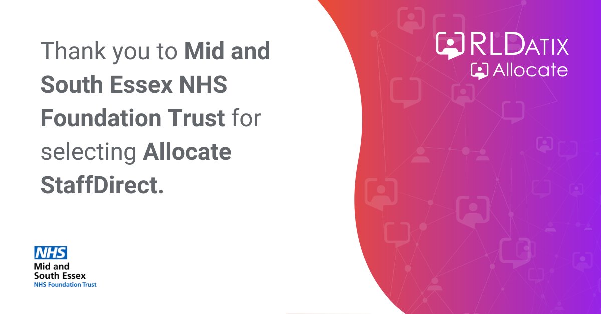 RLDatixUKI's tweet photo. Thank you to the @MSEHospitals team for selecting Allocate StaffDirect for their Direct Engagement requirements. We look forward to working closely with the team to implement the solution.

#AllocateStaffDirect #NHSWorkforce #RLDatix https://t.co/2gGoC9GVtk