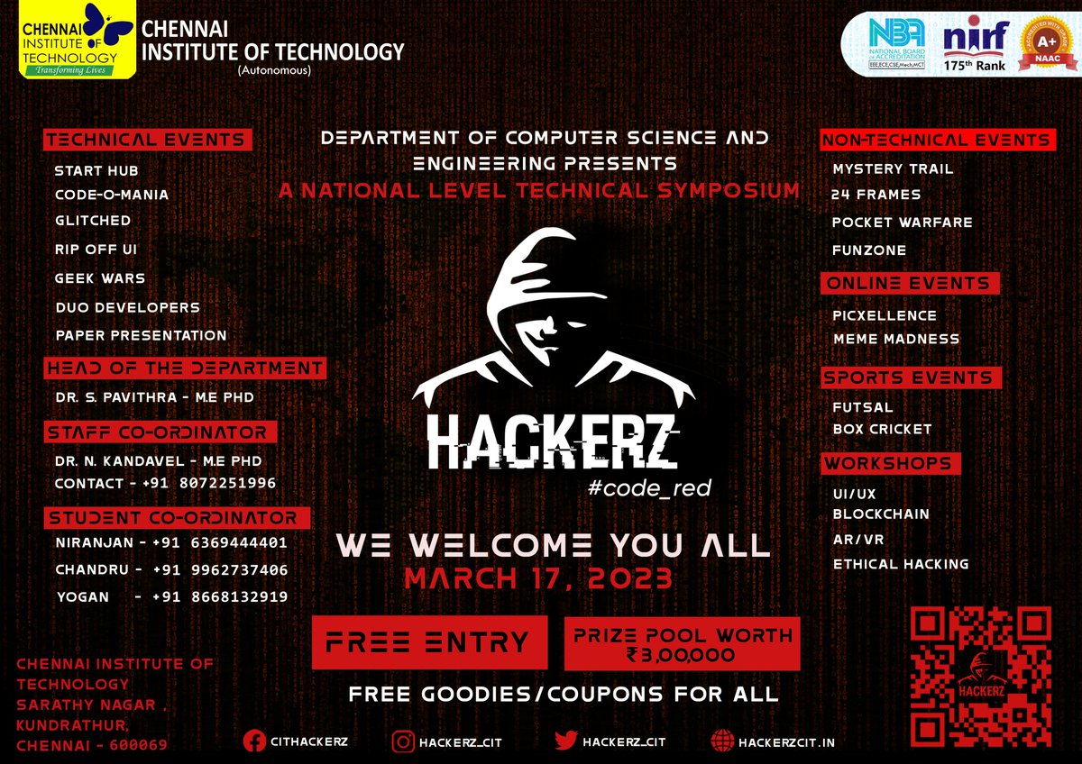 hackerz_cit's tweet photo. Step into the World of Innovation and Discovery: Join Us at the Forefront of Technology for a Thrilling Symposium Packed with Cutting-Edge Insights, Revolutionary Ideas, and Limitless Opportunities!
Stay synced and updated!
#codered #hackerz #citchennai #symposium #cse https://t.co/fQCsimtAea
