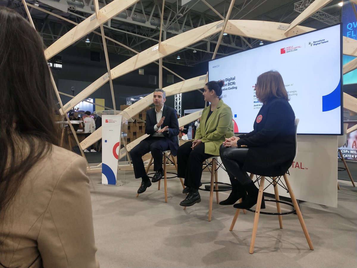 FactoriaF5's tweet photo. Escuchando los testimonios de Victoria Swchint, coder de @fundesplai y Elena Marcos de @trentia y su experiencia en el proyecto #BCNInclusiveCoding, #talentoDigital, oportunidad, diversidad y disminución de #brechadigital.
#MWC2023 #MWC2023Barcelona https://t.co/K1cAdbwRFa