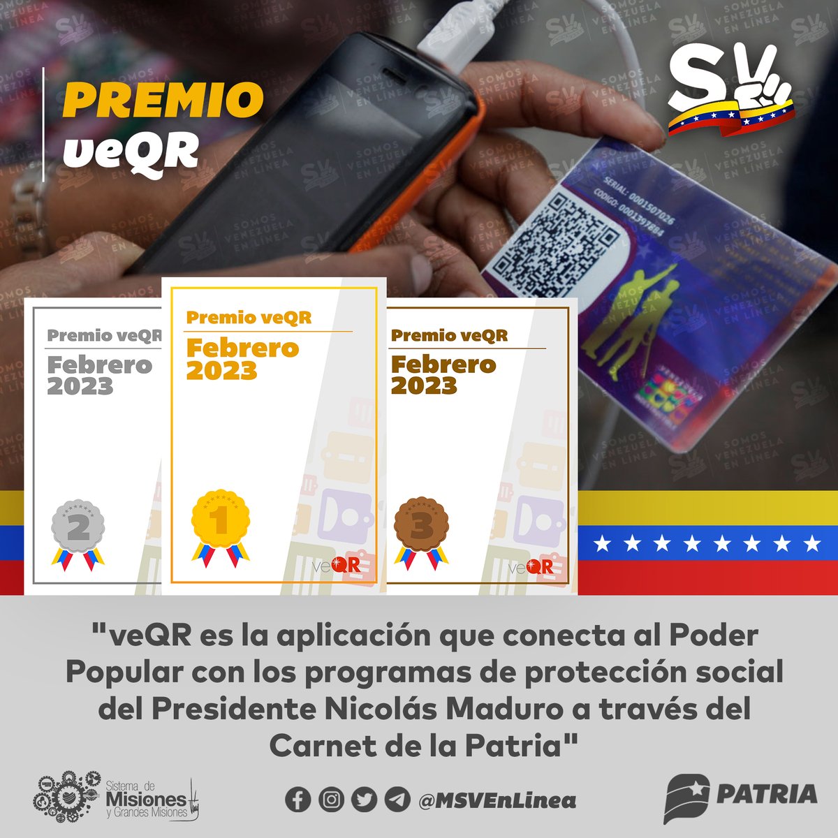 MSVEnLinea's tweet photo. 🚨 #ÚLTIMAHORA || Inicia la entrega de los logros a las personas y brígadistas que se destacaron en el uso de la aplicación veQR Somos Venezuela durante el mes de (Febrero 2023) a través del Sistema @CarnetDLaPatria.

@veQRSocial #TuiteroPatria #02Mar #ProducirEsIndependencia https://t.co/yoasCBAF1I