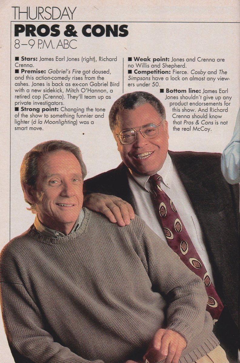 PROS & CONS. 1991.

James Earl Jones, Richard Crenna. #ProsAndCons #TVGuide