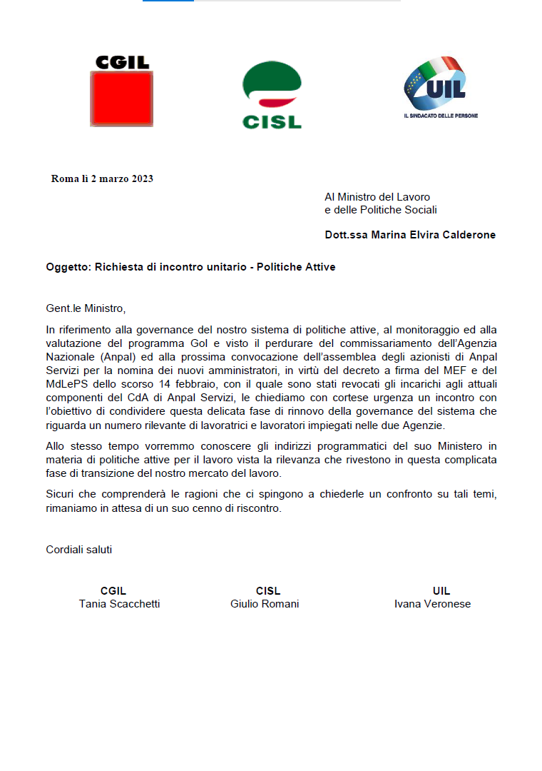 CgilRsa's tweet photo. @cgilnazionale @CislNazionale @UilaNazionale chiedono un incontro alla ministra 
@CalderoneMarina per condividere la governance delle #PoliticheAttive e il ruolo di #Anpal e 
@ANPALServizi dopo la revoca del cda. @MinLavoro @TaniaScacchetti https://t.co/9omgd3k8J7