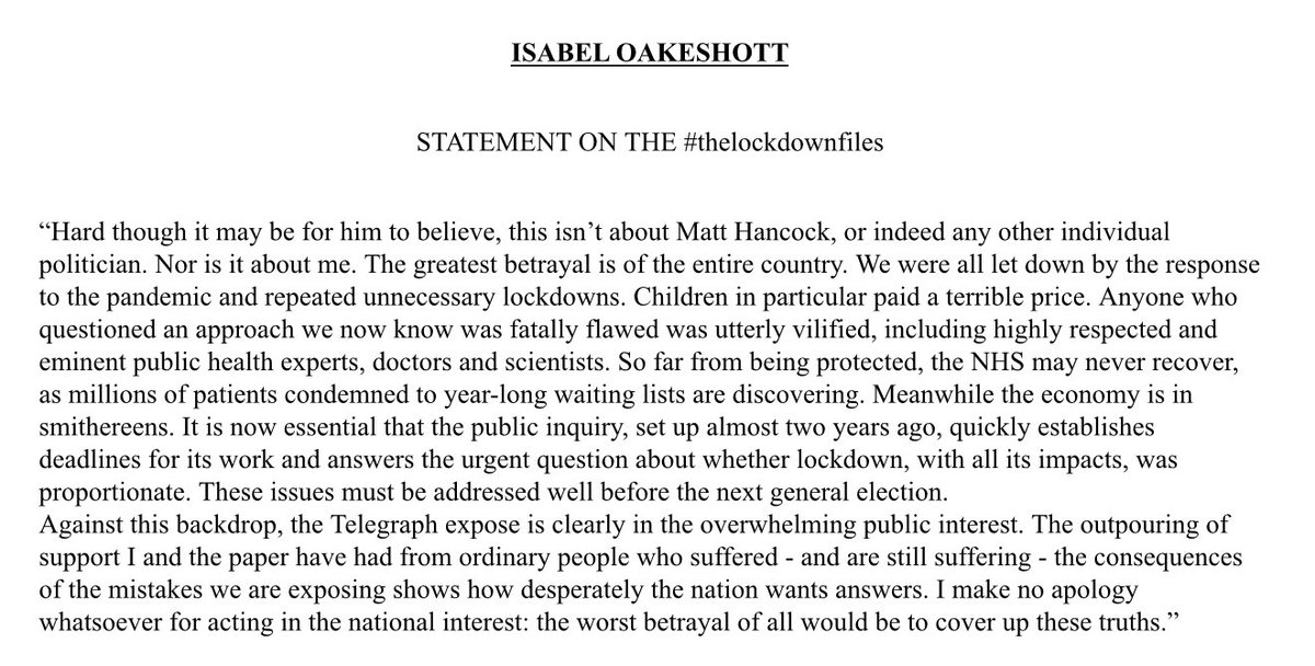 IsabelOakeshott's tweet image. BREAKING: Here’s what I have to say in response to accusations of “betrayal” #thelockdownfiles @Telegraph 💥