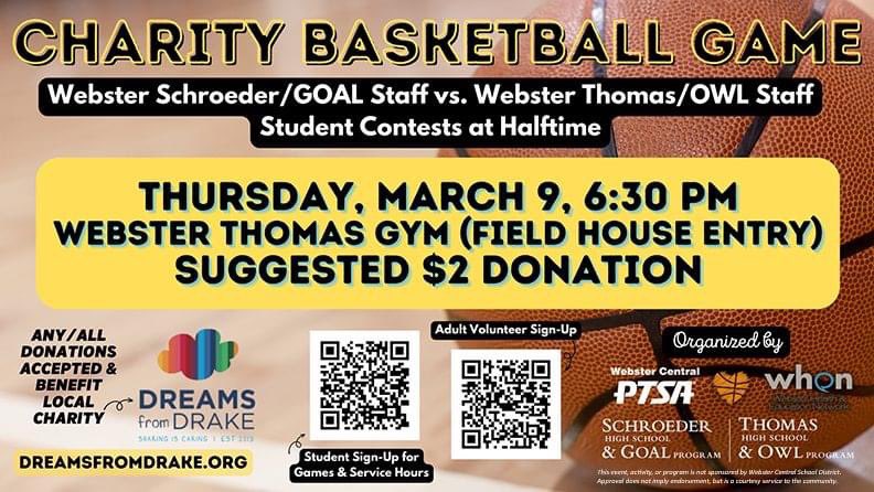 One Webster staff plays each other in a charity basketball game next Thursday. Should be exciting!!!