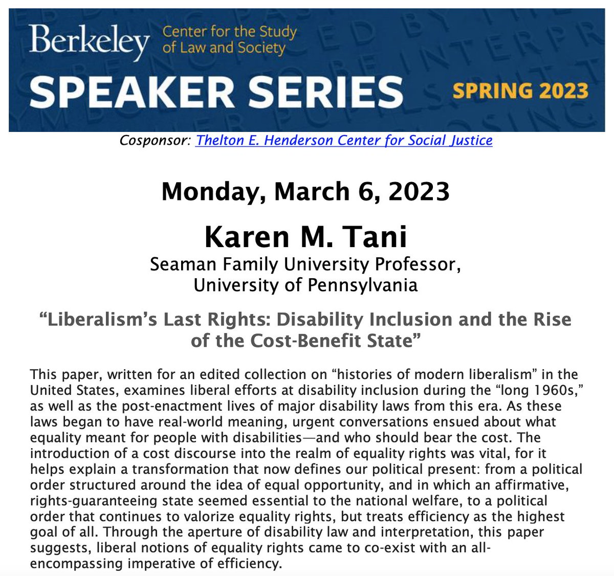 kmtani's tweet photo. Berkeley friends! I'll be in town on 3/6 to give a talk at the Center for the Study of Law &amp; Society @BerkeleyLaw. I would love to see you! 💙💛https://t.co/57MLvgm6ZB https://t.co/d07fGxFoHG