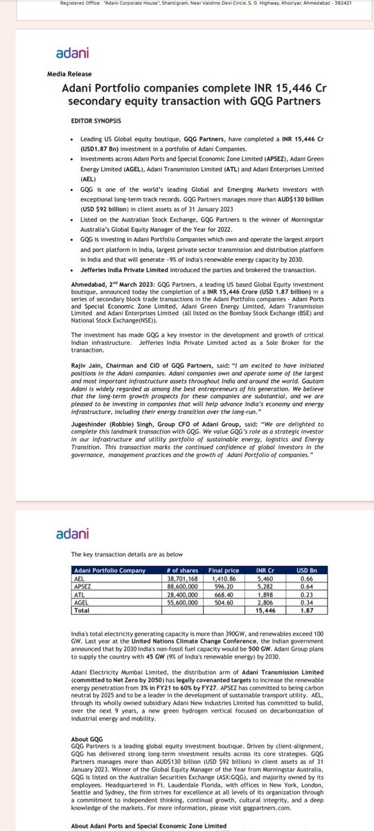 Adani Portfolio companies complete Rs 15,446 Cr 
secondary equity transaction with GQG Partners

#Adani
#AdaniGroups