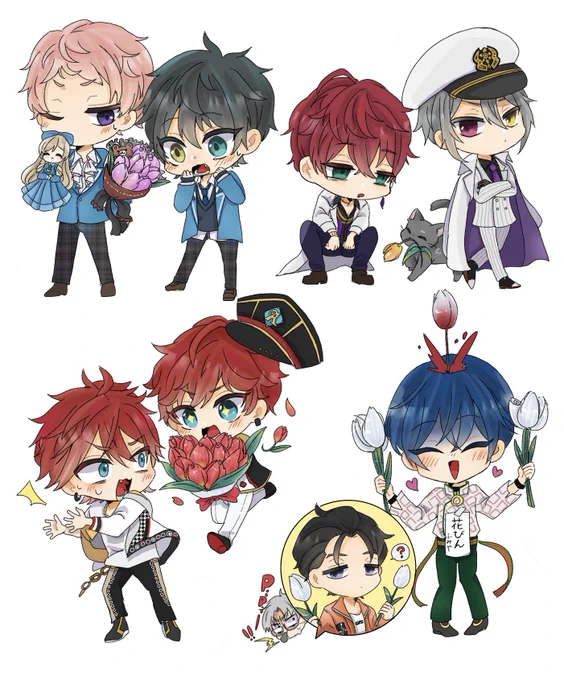 お友だちに捧げた誕生日絵でつかったミニキャラたちが結構かわゆく描けたので、ジャンル外だけど上げさせてくだちいめ〜〜ちゃ描くの楽しかった 