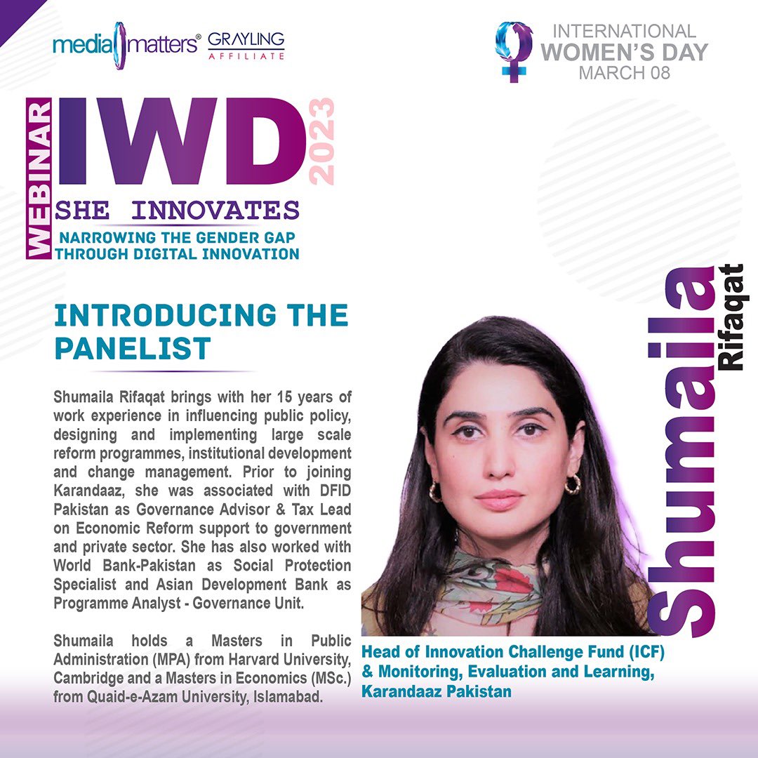 #MeetOurPanelists: Introducing Shumaila Rifaqat, Head of Innovation Challenge Fund & Monitoring, Evaluation & Learning at @KarandaazPK who will be sharing her valuable wisdom on empowering women in the finance industry. #DigitAll #IWD2023 #womenempowerment