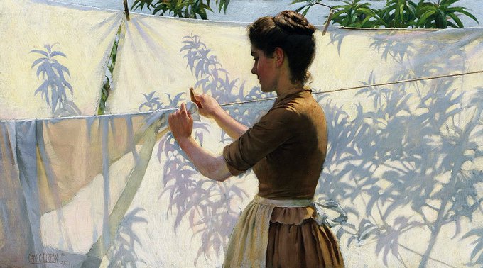 Shadows (1887) by Charles Courtney Curran (American artist, lived 1861-1942). #washingday #laundry