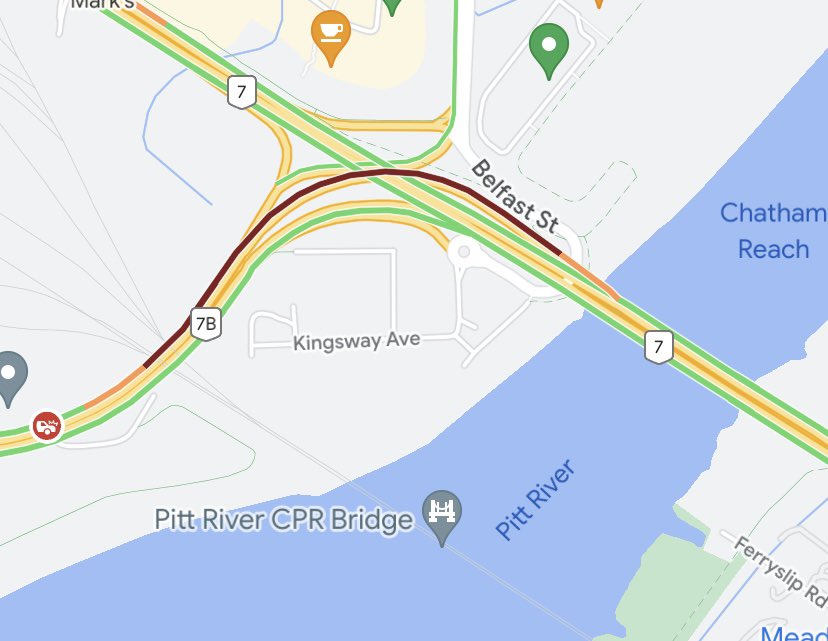 5:57- #PortCoquitlam - There’s a 3 car crash along the Mary Hill By-Pass #BCHwy7B westbound just west of underneath the train tracks. The right lane is closed and traffic is jammed back to the Pitt River Bridge #BCHwy7 #1130Traffic @sonicradio @CityNewsTraffic