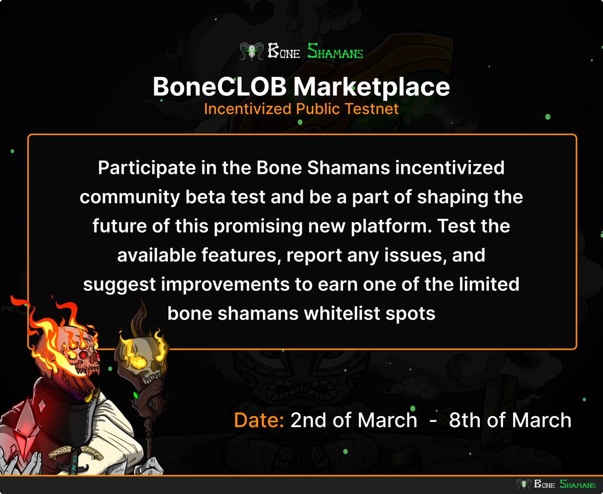 BoneShamansNFT's tweet photo. Gm #web3, Gm #Aptos

It is time to commence the Public BoneCLOB Marketplace Testnet.

BoneCLOB Marketplace is coming to @Aptos_Network soon.

Interact with this tweet, Interact eith the platform and post both proof in our discord.

Testnet Guide and Marketplace Link below https://t.co/yFiLto3sZG