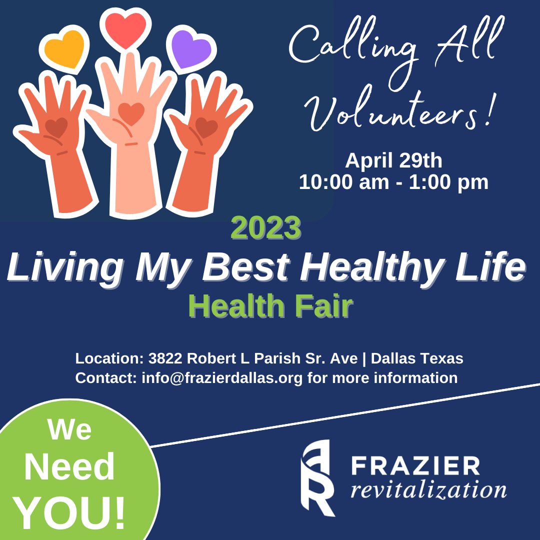 FrazierRevital's tweet photo. #FrazierRevitalization needs volunteers at our 2nd Annual Health Fair on 4/29!​

#BertrandCommunity #empowerment #healthiswealth #NeighborhoodRevitalization #PlaceBasedRevitalization #dosomethinggood #dosomethinggoodinfrazier #SouthDallasFairPark #VolunteerDallas #DallasVolunteer https://t.co/wgOBCG5CUW