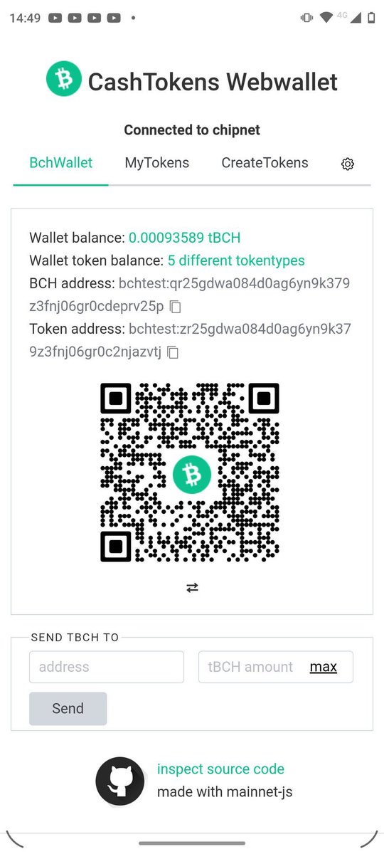 'Easily toggle between the normal BCH address and the [Cash]token-aware version of the address! Now uses @bitjson's QR-code library! I think it looks quite decent already, thinking about making it into an Android app!!' #Bitcoin