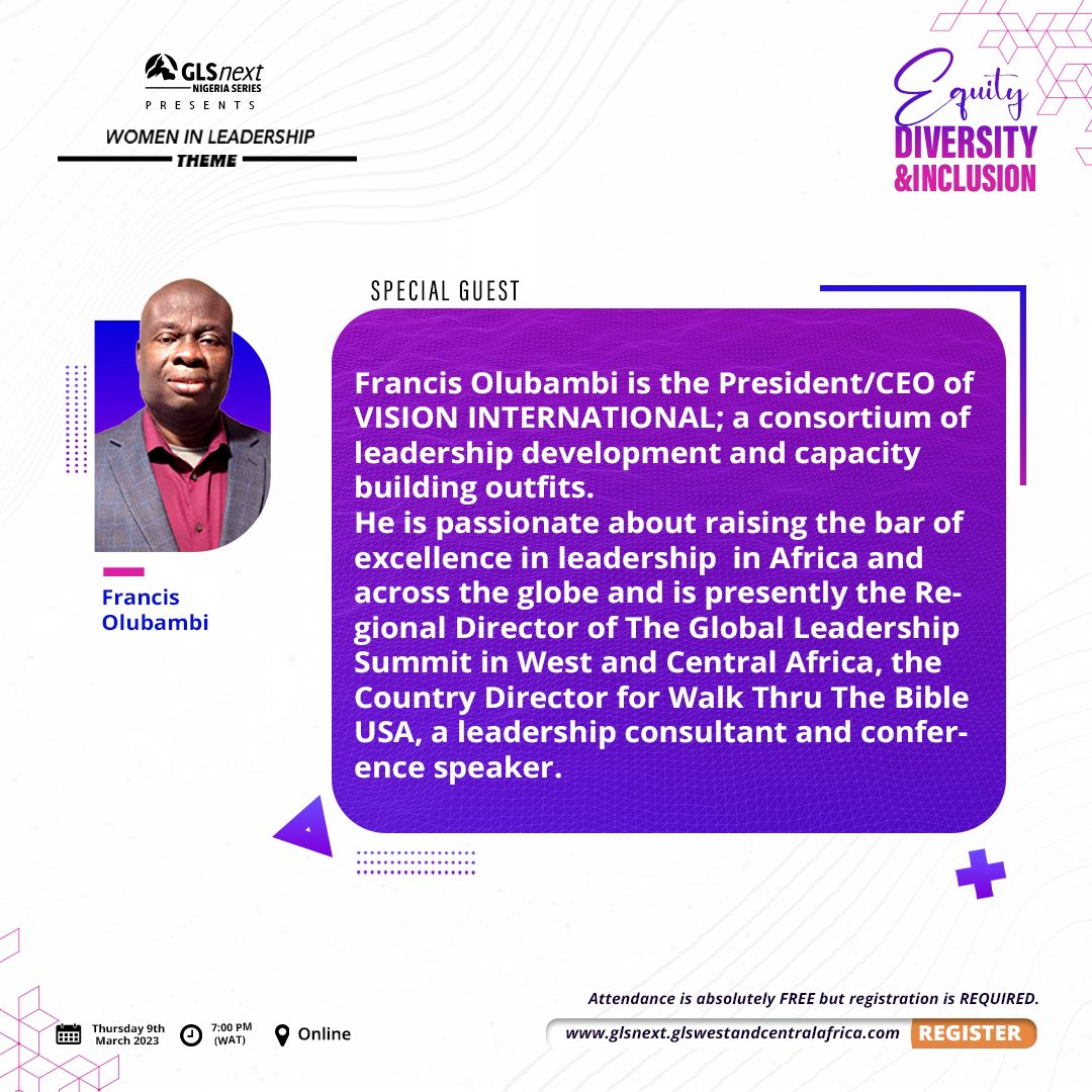 FrancisOlubambi's tweet photo. We are thrilled to introduce Rev Francis Olubambi, our Special Guest at the Women In Leadership webinar, 💃💃😃
Get ready for an engaging conversation!
Don’t miss out on this! Register via this link: https://t.co/vBhAK5Btb3
#leadership #inclusion #glsnext #glsnig #webinar https://t.co/vB5F12s4lZ