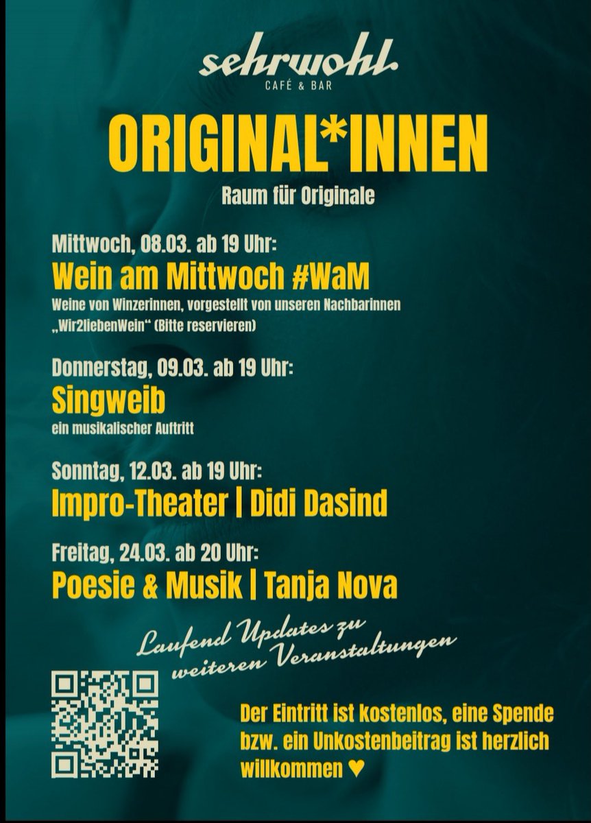 Ich bin ein Original 😅… zumindest trete ich am 23.4. im Rahmen einer Veranstaltungsreihe Raum für Originale des sehrwohl - Café &amp; Bar in München im Westend auf. Im Gepäck hab ich Poesie und ein paar eigene Lieder. 🎸✍🏻📒