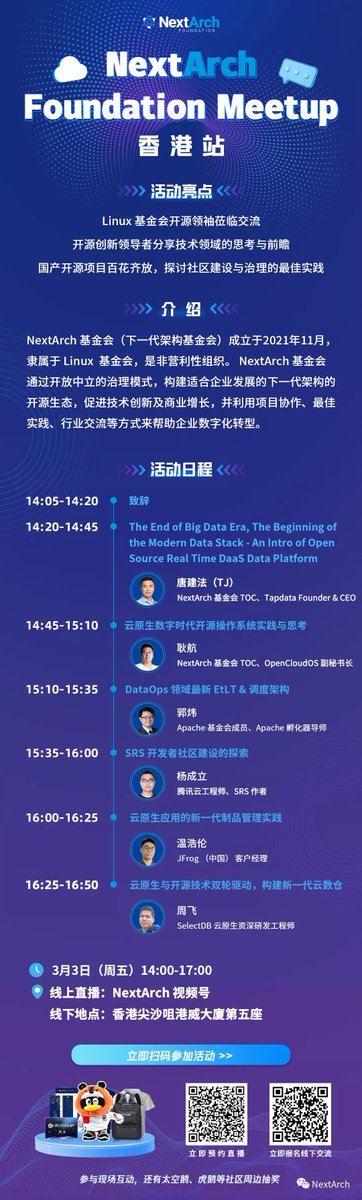 secondreef's tweet image. Shout out to NextArch Foundation

I'll be speaking at their upcoming meetup, Friday, 3rd March, 2:20 p.m. CST. Join me as I introduce our open-source real-time data platform. #opensource #dataplatform #linuxfoundation