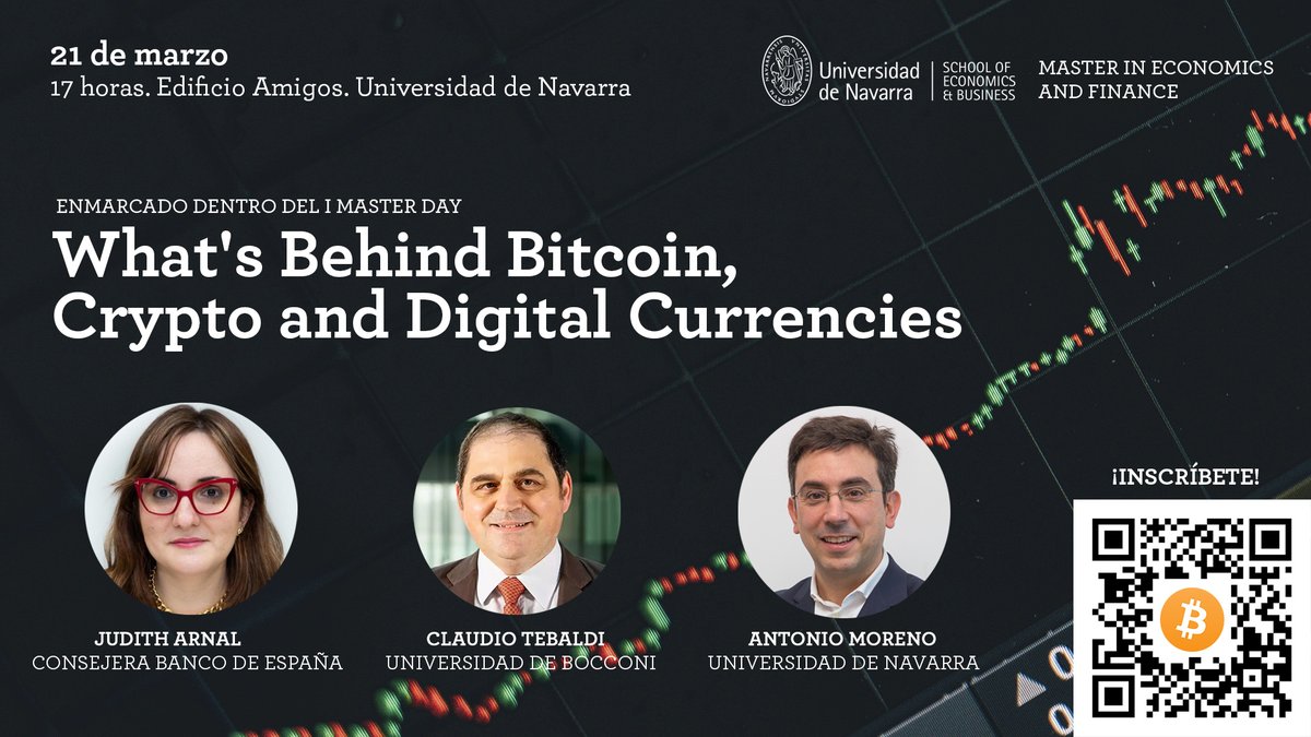 EconomUnav's tweet photo. El día 21 te esperamos en esta charla sobre #crypto con @judith_arnal, consejera del @BancoDeEspana, Claudio Tebaldi, de la @Unibocconi, y @antmoreno716, profesor de la @unav. Se enmarca dentro del I #MasterDay de la Facultad.
📝Inscripciones: https://t.co/9VyphNiHEf https://t.co/CDwsBDRvS5