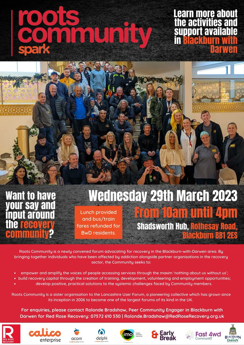 Our next Roots Forum is confirmed!

Wednesday the 29th March from 10am until 4pm at Shadsworth Hub in Blackburn. We will have some amazing organisations giving talks about what they do and how we can improve the community.

#Community #Roots #Recovery #BlackwithDarwen #Freelunch