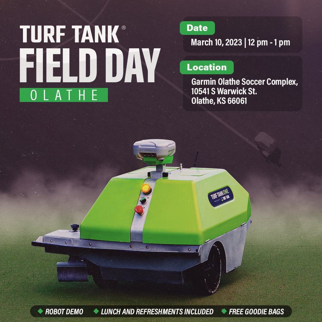 Turf_Tank's tweet photo. ⏰Last chance to sign up for our field day in Olathe, KS. Learn how the #TurfTank robot operates &amp; how it can save you time &amp; money!

RSVP here to get your free lunch ticket: https://t.co/jt2aOzS0Aa

#demo #sportstech #precision #turf #turfmanagement #turftech #linemarking https://t.co/D6KcfVbUfG