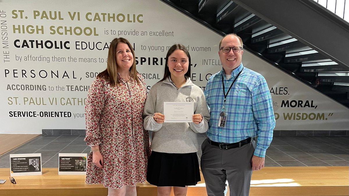 PaulVICatholic's tweet photo. Congratulations to senior Shannon Leavitt who has advanced to Finalist standing in the 2023 National Merit Scholarship Program. She is pictured with Mrs. Brinker, school counselor and Dr. Opfer, principal. We are very proud of you, Shannon! #GrowinGraceandWisdom https://t.co/j75R2omCKl