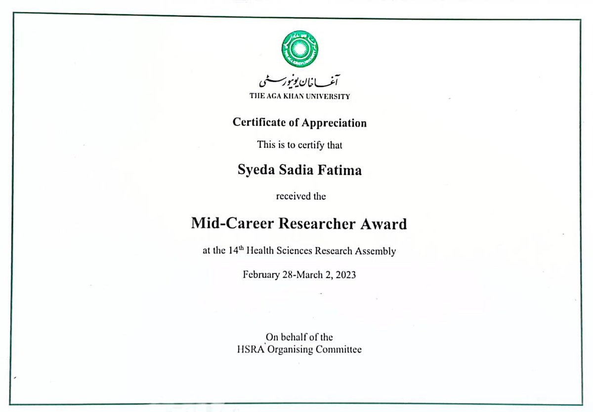 Honored, humbled and blessed to receive the Researcher Award and the DOHaD Research Group Award at the 14th Health Sciences Research Assembly @AKUGlobal 😇🎉🏅 #HSRA #HSRA2023 @DOHaD_Society