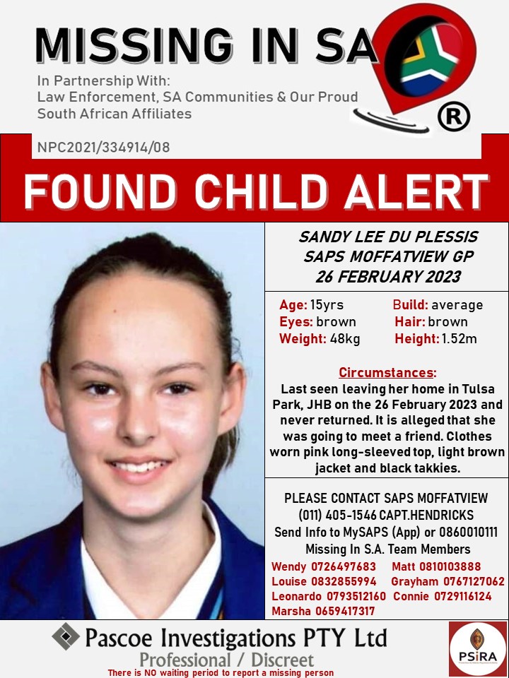 #UPDATE FOUND SAFE
#MISSING IN SA
#PASCOE INVESTIGATIONS PTY LTD 

FOUND SAFE: SANDY LEE DU PLESSIS 15YRS 26 FEBRUARY 2023. THANKS SAPS MOFFATVIEW. FAMILY AND FRIENDS. COMMUNITY. MISSING IN SA TECHNICAL SUPPORT. ALL OTHER ROLE PLAYERS.