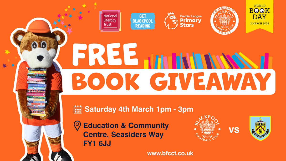 BFCCT_'s tweet photo. 📚World Book Day FREE BOOK GIVEAWAY 📚

📍Bloomfield Road
📍1pm - 3pm

As part of World Book Day, we will be hosting a FREE BOOK GIVEAWAY at the Education and Community Centre at Bloomfield Road. 

Make sure to let all your family and friends know 👀 👋

#GetBlackpoolReading https://t.co/2tW9BvbS4R