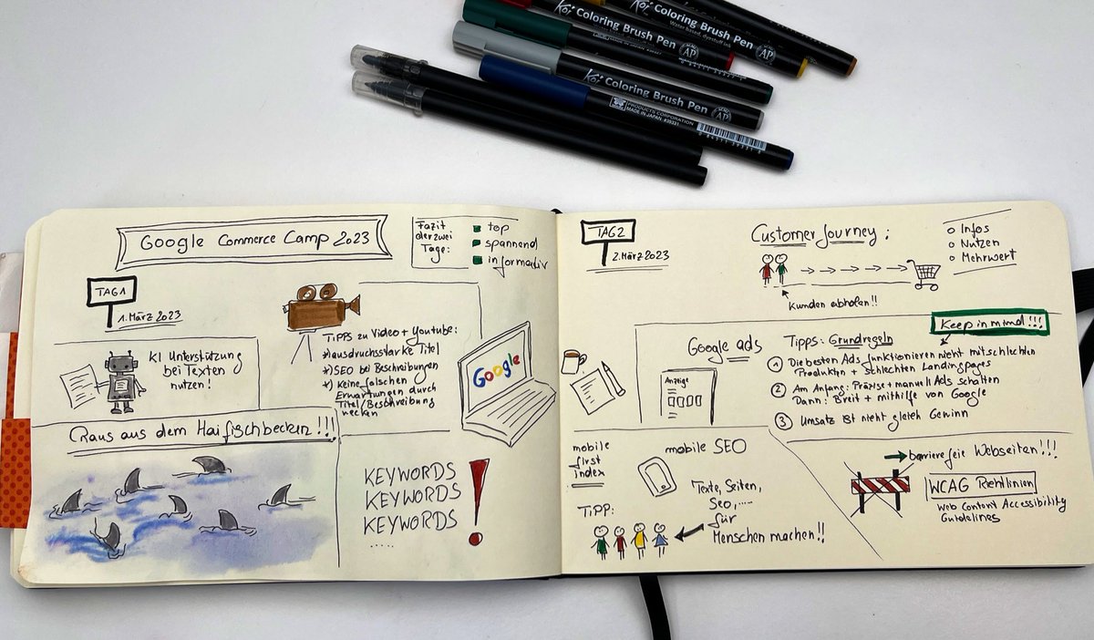 Danke lieber <a href="/Haendlerbund/">Händlerbund</a> für zwei inspirierenden Tage beim #GoogleCommerceCamp 2023! Top, spannend, informativ 👍
#sketchnote